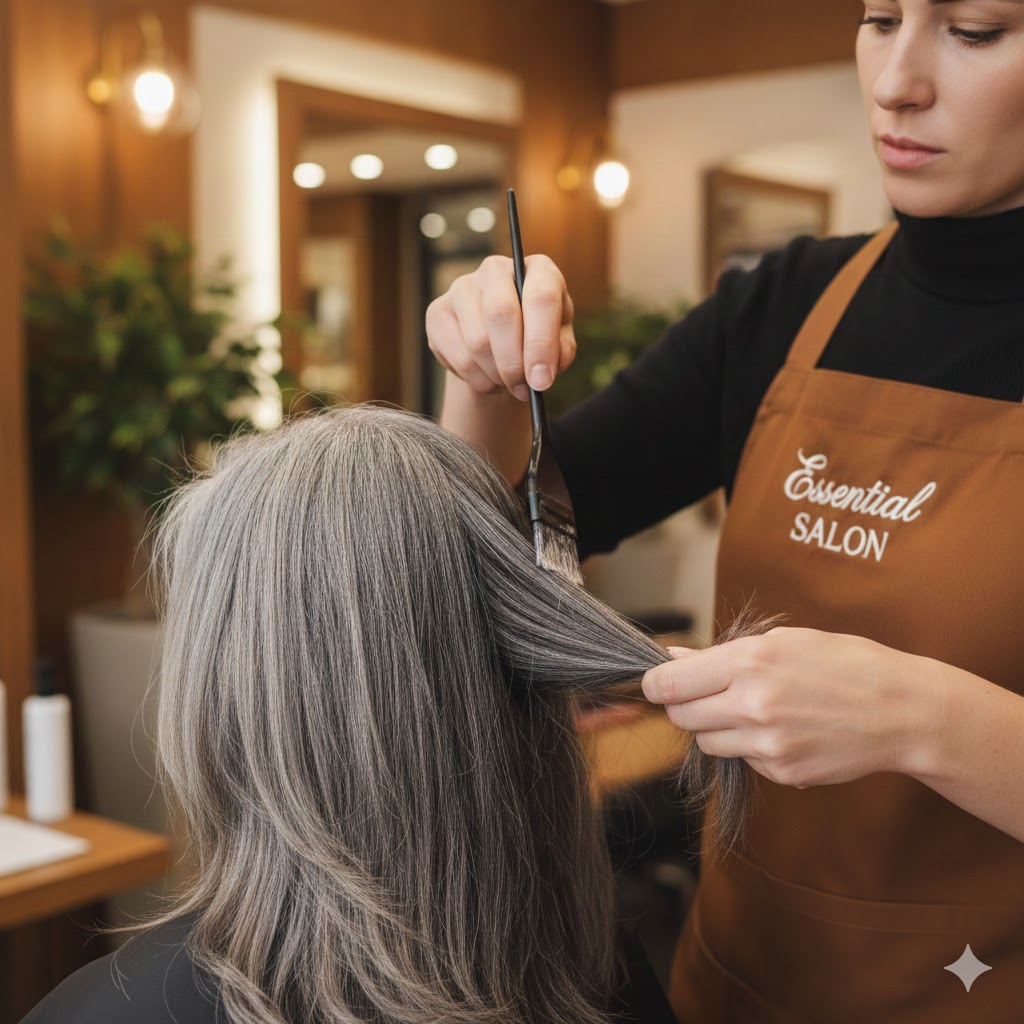 Woman getting grey blending service from Essential Salon